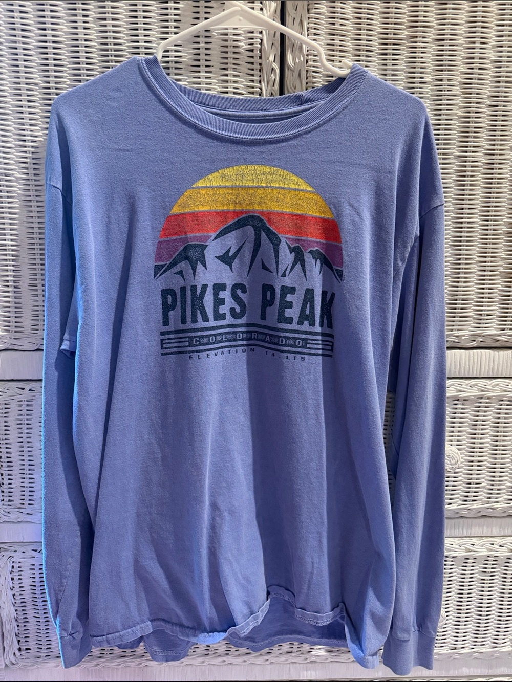 Pikes Peak Graphic Long Sleeve Tee - Light Blue with Sunset Print